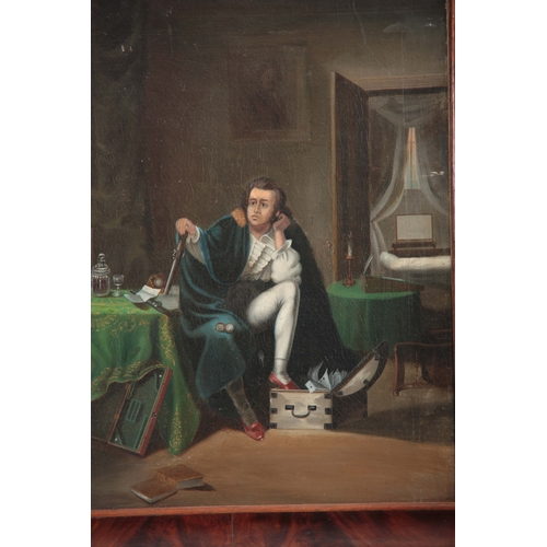 805 - 19TH CENTURY OIL ON CANVAS. Interior scene with seated portrait of a gentleman 60cm high, 50cm wide ... 