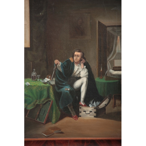 805 - 19TH CENTURY OIL ON CANVAS. Interior scene with seated portrait of a gentleman 60cm high, 50cm wide ... 