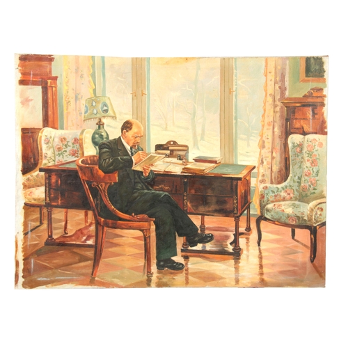 806 - A 20TH CENTURY RUSSIAN SCHOOL OIL ON CANVAS OF LENIN in an office setting 73cm high 98cm wide - unfr... 