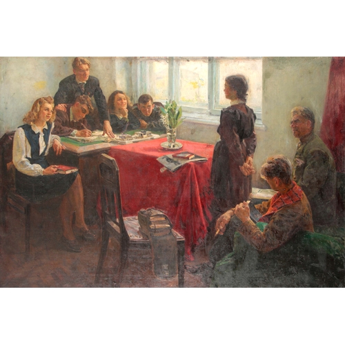 807 - AN EARLY 20TH CENTURY RUSSIAN SCHOOL OIL ON CANVAS - interior scene with students and a Russian sold... 