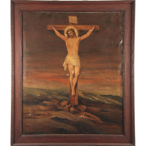 811 - AN LATE 19th CENTURY RELIGIOUS OIL ON CANVAS of Jesus on the cross 59cm high, 81cm wide - in a mould... 