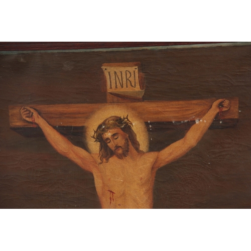 811 - AN LATE 19th CENTURY RELIGIOUS OIL ON CANVAS of Jesus on the cross 59cm high, 81cm wide - in a mould... 