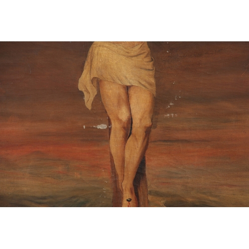 811 - AN LATE 19th CENTURY RELIGIOUS OIL ON CANVAS of Jesus on the cross 59cm high, 81cm wide - in a mould... 