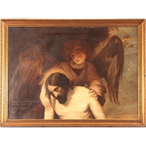 813 - AN EARLY 20th CENTURY RELIGIOUS OIL ON CANVAS of an angel with Jesus Christ 59cm high 81cm wide - si... 