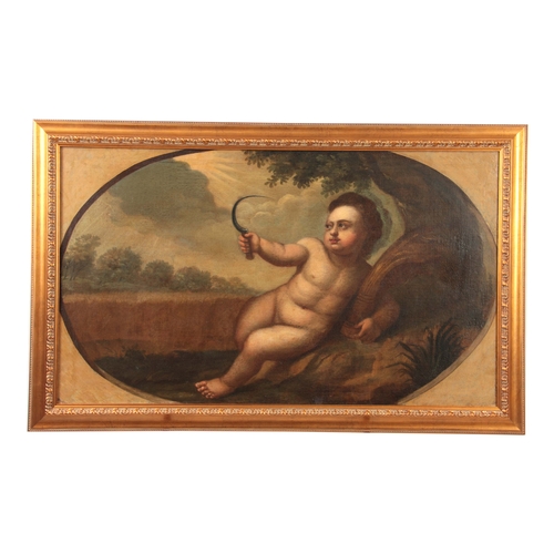 816 - AN 18TH CENTURY FLEMISH SCHOOL OIL ON CANVAS - Allegorical figure of summer as a putti with a sickle... 