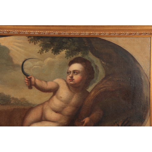 816 - AN 18TH CENTURY FLEMISH SCHOOL OIL ON CANVAS - Allegorical figure of summer as a putti with a sickle... 