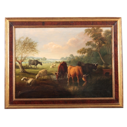 817 - A 19TH CENTURY OIL ON CANVAS DEPICTING CATTLE WATERING IN A LANDSCAPE SETTING signed and in the circ... 