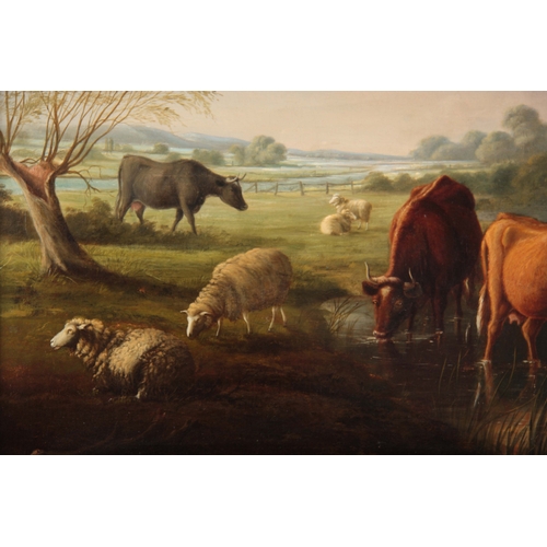 817 - A 19TH CENTURY OIL ON CANVAS DEPICTING CATTLE WATERING IN A LANDSCAPE SETTING signed and in the circ... 