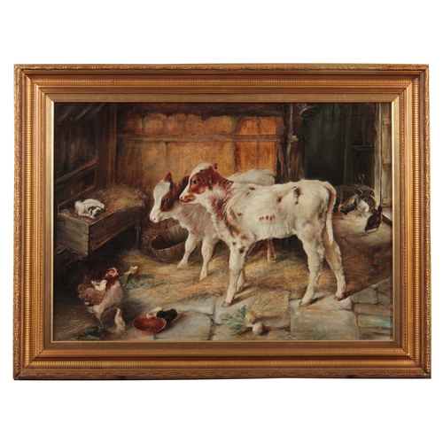 818 - A 20TH CENTURY OIL ON BOARD FARMYARD SCENE DEPICTING SCENE OF CALVES AND CHICKENS - 52cm high 74cm w... 