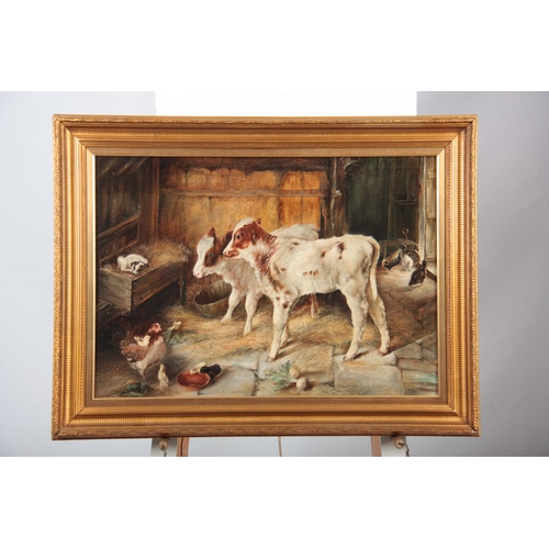 818 - A 20TH CENTURY OIL ON BOARD FARMYARD SCENE DEPICTING SCENE OF CALVES AND CHICKENS - 52cm high 74cm w... 