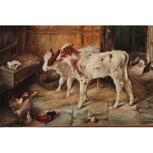 818 - A 20TH CENTURY OIL ON BOARD FARMYARD SCENE DEPICTING SCENE OF CALVES AND CHICKENS - 52cm high 74cm w... 