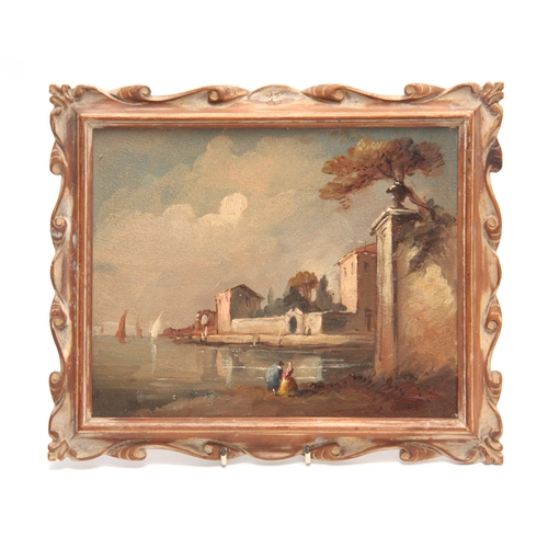 822 - OIL ON BOARD Continental lake and town scene with figures 19.5cm high 24.5cm wide - titled on revers... 