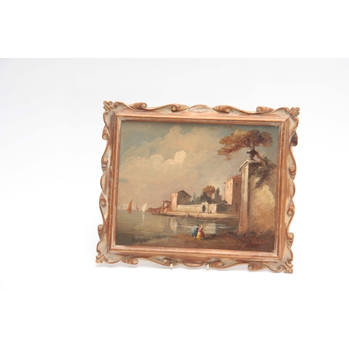 822 - OIL ON BOARD Continental lake and town scene with figures 19.5cm high 24.5cm wide - titled on revers... 