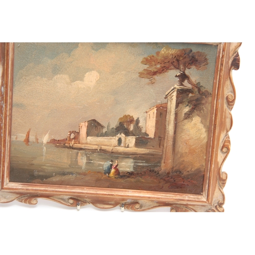 822 - OIL ON BOARD Continental lake and town scene with figures 19.5cm high 24.5cm wide - titled on revers... 