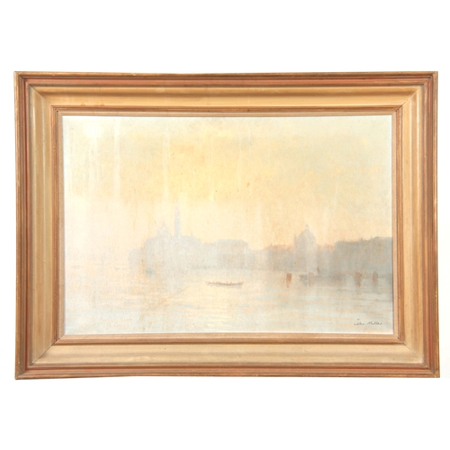 823 - JOHN MILLER OIL ON CANVAS Sun through Haze over Venice 49.5cm high 75cm wide - signed and in painted... 