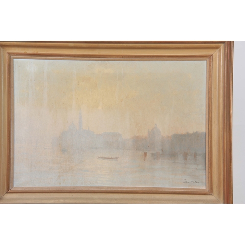 823 - JOHN MILLER OIL ON CANVAS Sun through Haze over Venice 49.5cm high 75cm wide - signed and in painted... 