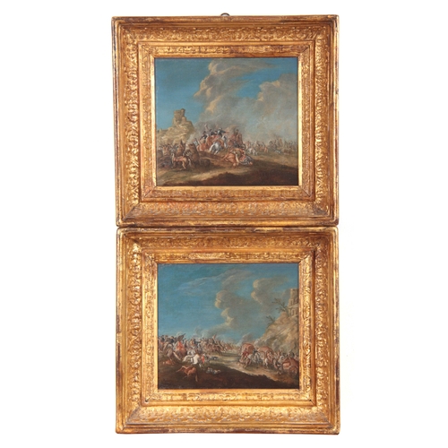 824 - PHILIPS WOUWERMAN. A PAIR OF OILS ON CANVAS. Soldiers in a battle scene 18cm high, 20cm wide - signe... 