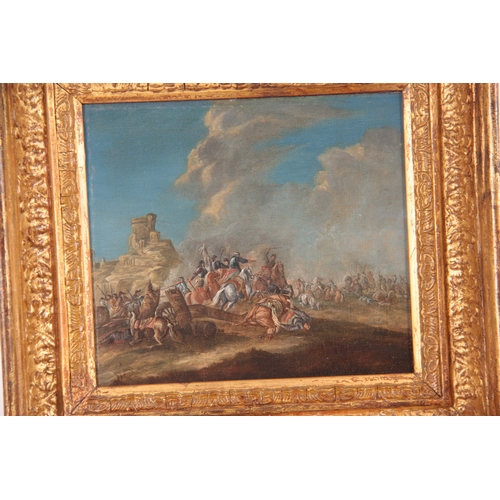 824 - PHILIPS WOUWERMAN. A PAIR OF OILS ON CANVAS. Soldiers in a battle scene 18cm high, 20cm wide - signe... 