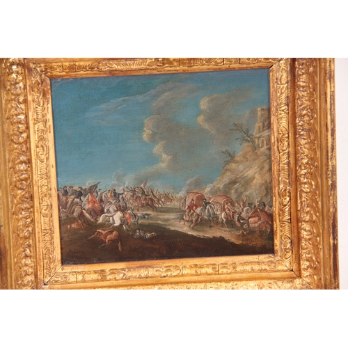 824 - PHILIPS WOUWERMAN. A PAIR OF OILS ON CANVAS. Soldiers in a battle scene 18cm high, 20cm wide - signe... 