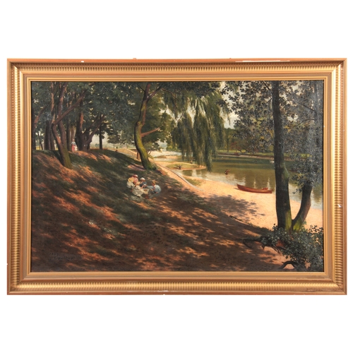 825 - CHARLES J WALKER OIL ON CANVAS - A Picnic on Hampstead Heath 61cm high 91.5cm wide -  signed and dat... 