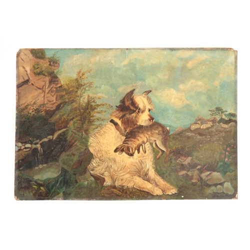 826 - A LATE 19th CENTURY OIL ON BOARD. Terrier with rabbit in mouth  in a country setting 41cm high, 59.5... 