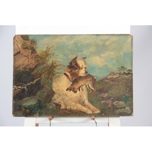 826 - A LATE 19th CENTURY OIL ON BOARD. Terrier with rabbit in mouth  in a country setting 41cm high, 59.5... 