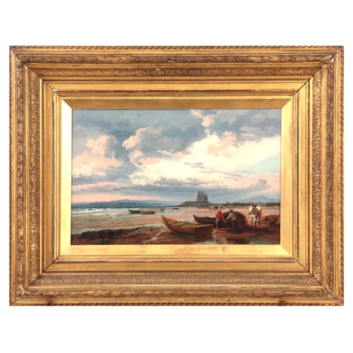 827 - RICHARD BEAVIS 1824-1896. OIL ON CANVAS. Beach scene with moored boats, fisherman and horse-drawn ca... 