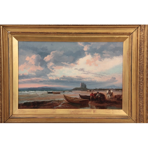 827 - RICHARD BEAVIS 1824-1896. OIL ON CANVAS. Beach scene with moored boats, fisherman and horse-drawn ca... 