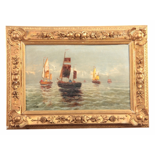 829 - F. CLAITON - 19TH CENTURY OIL ON CANVAS sailboats with figures on a calm sea 35.5cm high 56.5cm wide... 