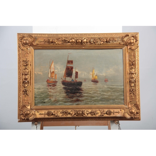 829 - F. CLAITON - 19TH CENTURY OIL ON CANVAS sailboats with figures on a calm sea 35.5cm high 56.5cm wide... 