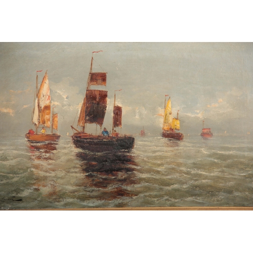 829 - F. CLAITON - 19TH CENTURY OIL ON CANVAS sailboats with figures on a calm sea 35.5cm high 56.5cm wide... 