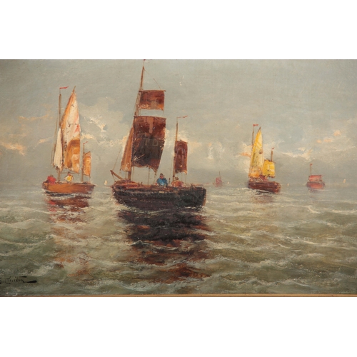 829 - F. CLAITON - 19TH CENTURY OIL ON CANVAS sailboats with figures on a calm sea 35.5cm high 56.5cm wide... 