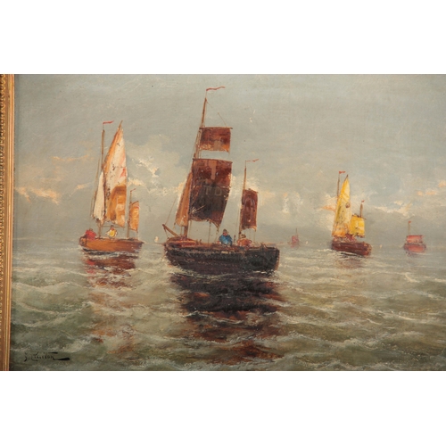 829 - F. CLAITON - 19TH CENTURY OIL ON CANVAS sailboats with figures on a calm sea 35.5cm high 56.5cm wide... 