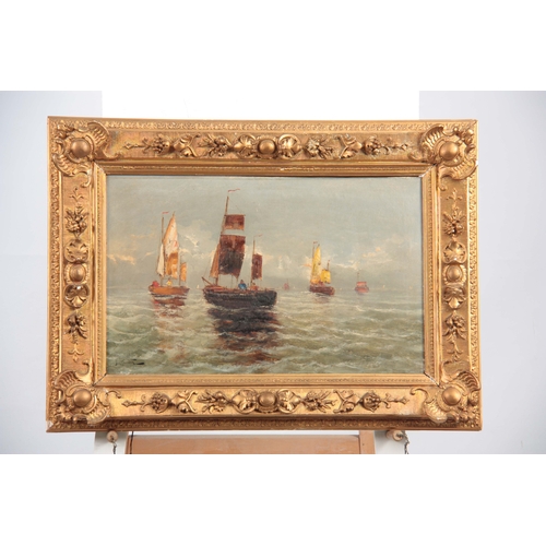 829 - F. CLAITON - 19TH CENTURY OIL ON CANVAS sailboats with figures on a calm sea 35.5cm high 56.5cm wide... 