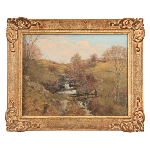 830 - THOMAS CONN (1904-1940) OIL ON CANVAS - Landscape on a country stream, mounted in a glazed gilt swep... 