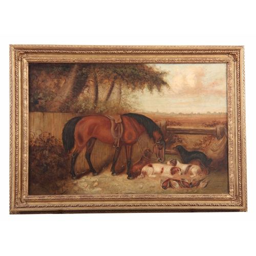 832 - GEORGE ARMFIELD 1808-93 - OIL ON RELINED CANVAS horse and dogs resting in a landscape 49.5cm high, 7... 