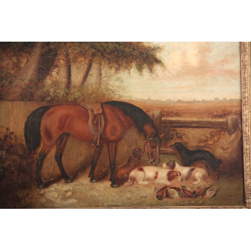 832 - GEORGE ARMFIELD 1808-93 - OIL ON RELINED CANVAS horse and dogs resting in a landscape 49.5cm high, 7... 