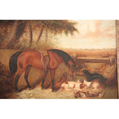 832 - GEORGE ARMFIELD 1808-93 - OIL ON RELINED CANVAS horse and dogs resting in a landscape 49.5cm high, 7... 