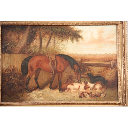 832 - GEORGE ARMFIELD 1808-93 - OIL ON RELINED CANVAS horse and dogs resting in a landscape 49.5cm high, 7... 