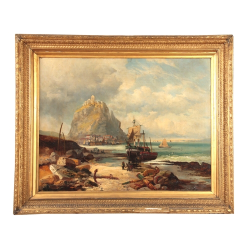 836 - A 19th CENTURY OIL ON CANVAS. Coastal fishing scene 70cm high, 90cm wide - indistinct signature, in ... 