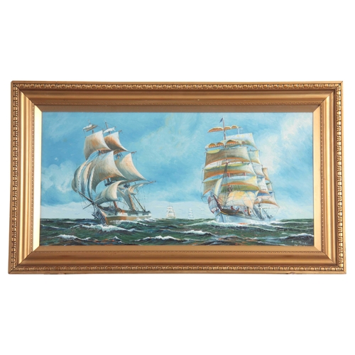 837 - H W MOORE OIL ON BOARD depicting two galleons in full sail - signed dated 1935, mounted in a glazed ... 