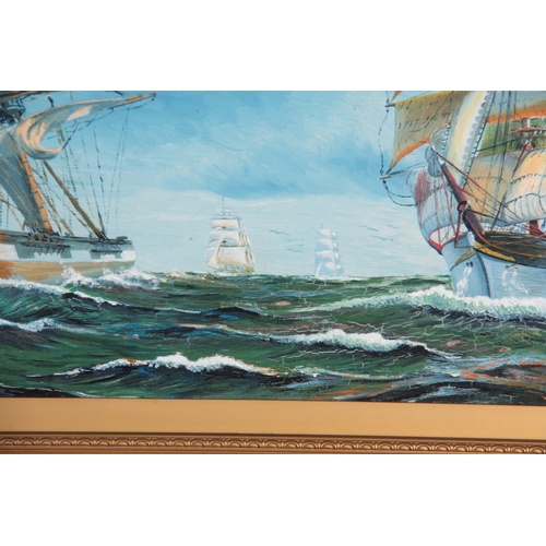 837 - H W MOORE OIL ON BOARD depicting two galleons in full sail - signed dated 1935, mounted in a glazed ... 