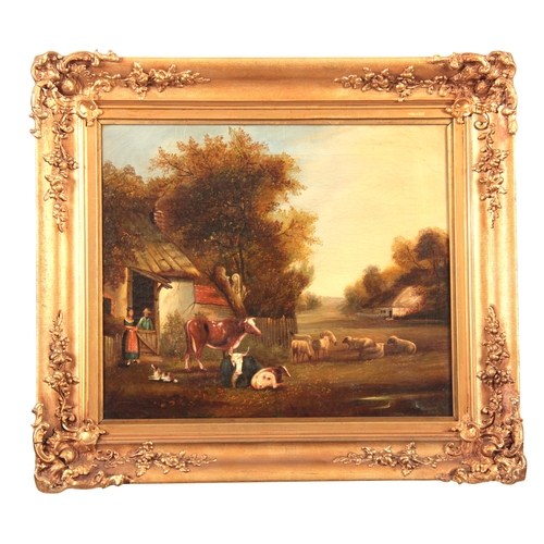 841 - A CHARLES GREEN (1840 - 1898)  A 19TH CENTURY OIL ON CANVAS DEPICTING A VILLAGE SCENE WITH ANIMALS I... 