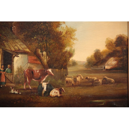 841 - A CHARLES GREEN (1840 - 1898)  A 19TH CENTURY OIL ON CANVAS DEPICTING A VILLAGE SCENE WITH ANIMALS I... 