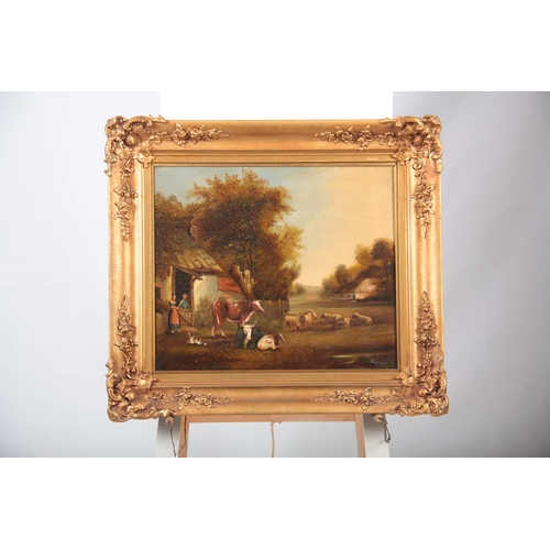 841 - A CHARLES GREEN (1840 - 1898)  A 19TH CENTURY OIL ON CANVAS DEPICTING A VILLAGE SCENE WITH ANIMALS I... 