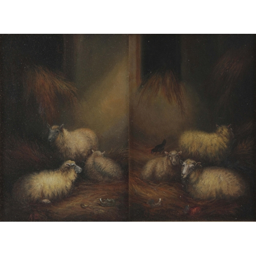 843 - A PAIR OF 19TH CENTURY OIL ON PANELS depicting sheep in stables, monogrammed A.E. - mounted in glaze... 