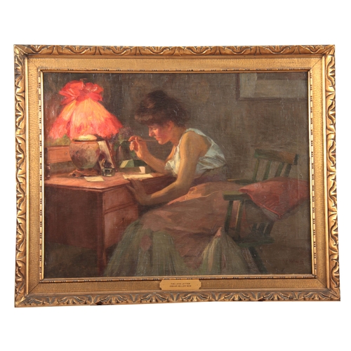 845 - OSKAR HELLER, 1906. 'THE LOVE LETTER' OIL ON CANVAS depicting a young Lady sat writing a love letter... 