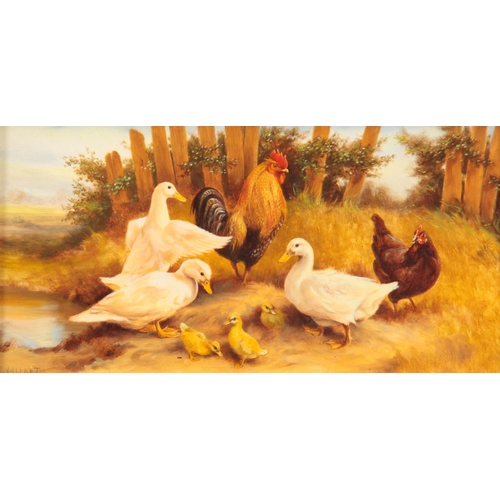 847 - A 20TH CENTURY OIL ON PANEL OF A FARMYARD SCENE DEPICTING DUCKS AND CHICKENS signed and in the circl... 