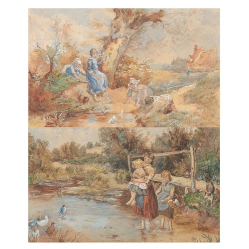 849 - A PAIR OF 19TH CENTURY WATERCOLOURS having wooded landscape scenes with children playing around pond... 