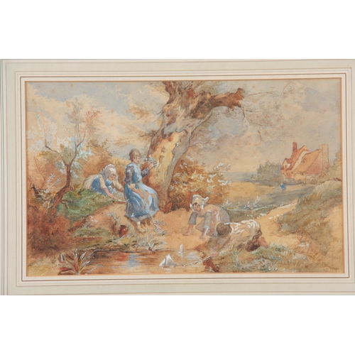 849 - A PAIR OF 19TH CENTURY WATERCOLOURS having wooded landscape scenes with children playing around pond... 